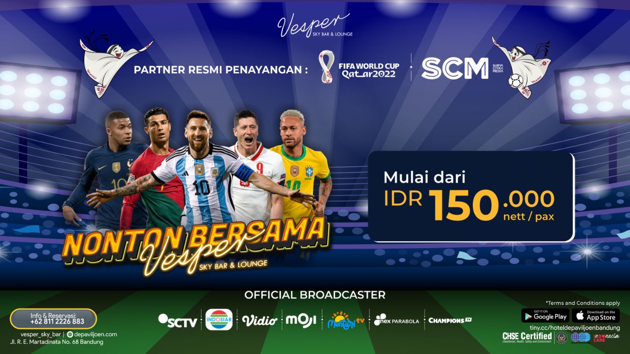 Piala Dunia 2022, Nonton Piala Dunia, Rooftop Bandung, De Paviljoen Bandung, Vesper Sky Bar & Lounge